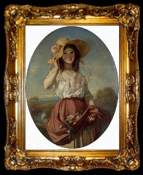 framed  Camille Roqueplan Girl with flowers, ta009-2